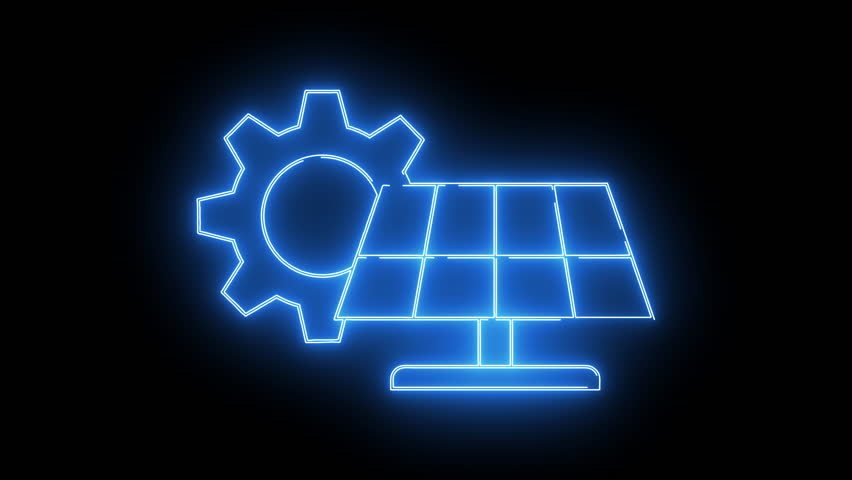 Neon blue gear overlaps a solar panel outlined against a black background - Powered by Shutterstock - Get 15% off with code: PIKWIZARD15