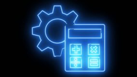 Glowing neon blue outline of a calculator next to a gear on a black background - Powered by Shutterstock - Get 15% off with code: PIKWIZARD15