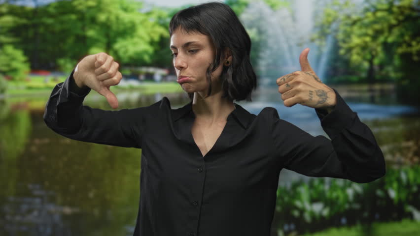 Young hispanic woman shows contrasting thumbs up and thumbs down gestures in forest setting; indecision.