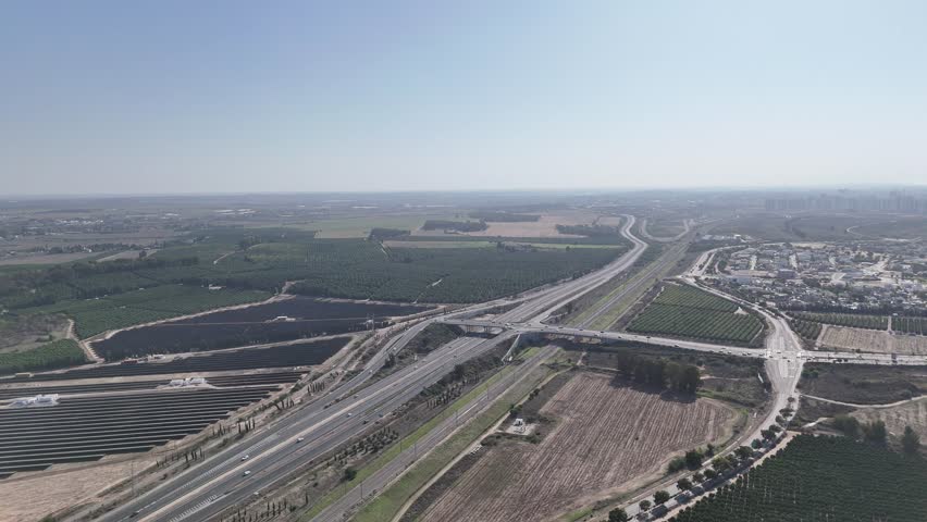 Aerial footage of a busy highway connecting Ashkelon and Ashdod, Israel