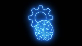 Blue neon brain graphic under a cogwheel on a black background - Powered by Shutterstock - Get 15% off with code: PIKWIZARD15