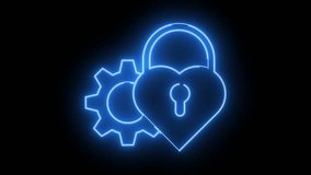 A neon blue cogwheel and heartshaped lock with keyhole on a black background - Powered by Shutterstock - Get 15% off with code: PIKWIZARD15