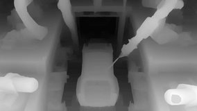 Visual representation of industrial robotic arms on a production line, shown in grayscale depth map and heatmap format for automation and machine vision analysis. - Powered by Shutterstock - Get 15% off with code: PIKWIZARD15