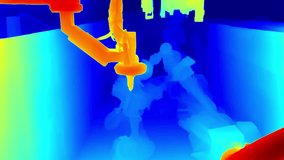 Visual representation of industrial robotic arms on a production line, shown in grayscale depth map and heatmap format for automation and machine vision analysis. - Powered by Shutterstock - Get 15% off with code: PIKWIZARD15