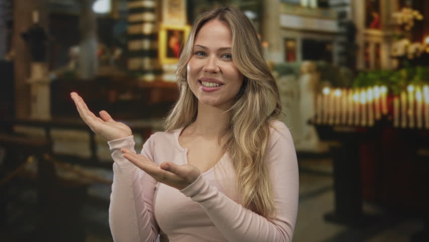 Woman standing smiling looking upward with palms up hands in catholic church interior; faith hope devotion peace.