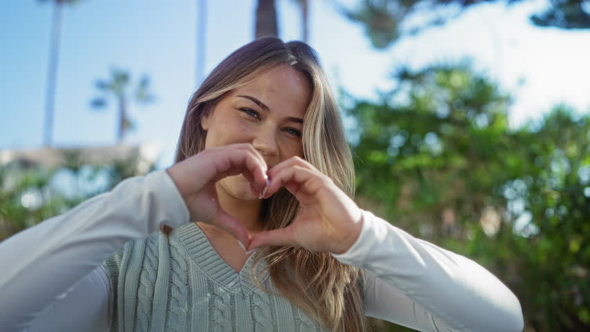 Woman forming a heart shape with her hands framing her smiling face on a bright urban street scene; love.