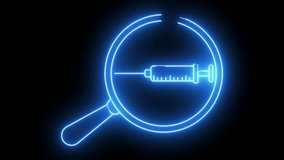 A blue neon line art depicts a syringe inside of a partially formed magnifying glass against a black background - Powered by Shutterstock - Get 15% off with code: PIKWIZARD15