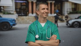 Caucasian doctor in green uniform with stethoscope stands outdoors on a street smiling and winking with arms crossed, suggesting professionalism and approachability in a city setting. - Powered by Shutterstock - Get 15% off with code: PIKWIZARD15