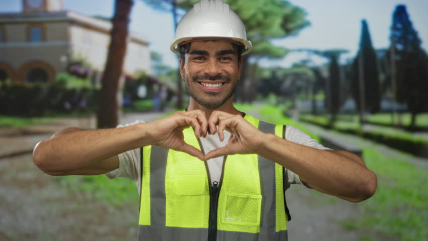 Young hispanic engineer man wearing high visibility vest forms heart gesture with hands at building entrance under sunlight; love compassion.