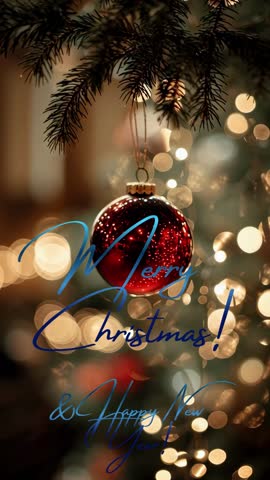  Vertical video card,  template for stories with animated text Merry Christmas! And Happy New Year! on a golden bokeh background with a red ball decoration hanging on a branch  of a christmas tree