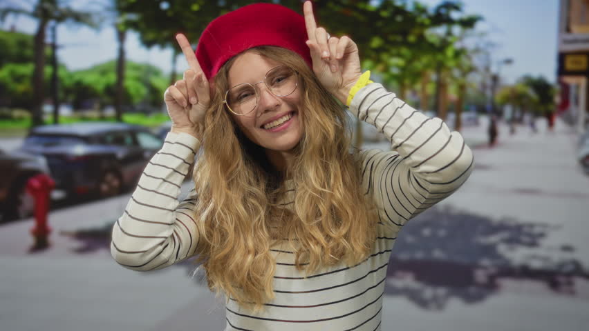 Woman lifts fingers into horns on a street while blonde young model displays a smile in a funny gesture on the sidewalk.