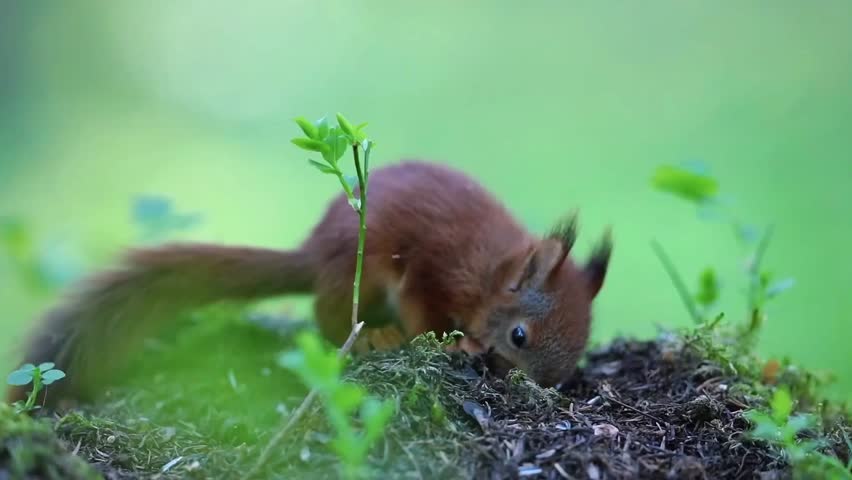 Adorable red squirrel munches on food in a serene natural setting, showcasing its playful charm and vibrant fur amidst trees and greenery.