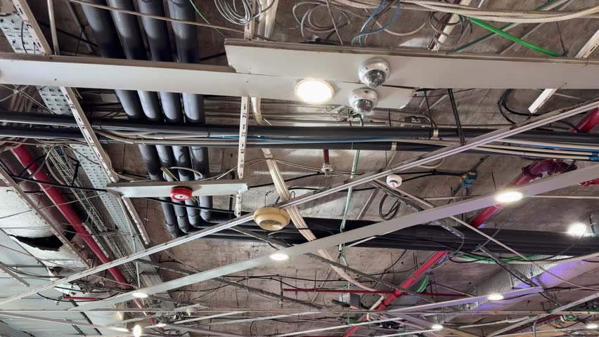 Utilities under the building's ceiling. Air conditioning ducts, electrical cables and wires laid on cable trays and brackets, lighting fixtures, CCTV cameras on beams, fire suppression systems.