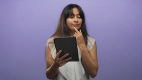 Young latina woman brunette holding tablet with finger on chin and pointing upward in purple studio wearing white top; thoughtful curiosity. - Powered by Shutterstock - Get 15% off with code: PIKWIZARD15