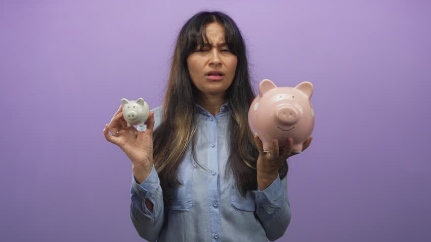 Woman holding small and large piggy banks in studio with purple backdrop; money comparison concern savings.