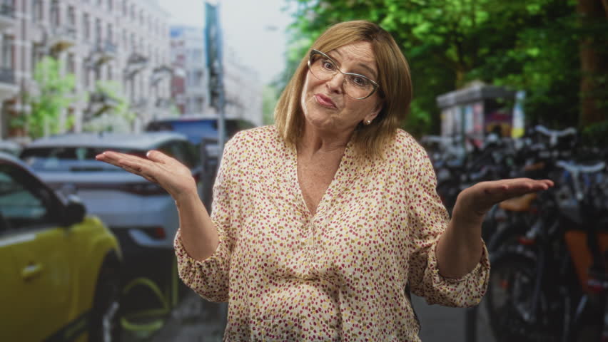 Woman shrugs with palms up on street beside parked bicycles and cars, head tilt and smile; bemusement acceptance.