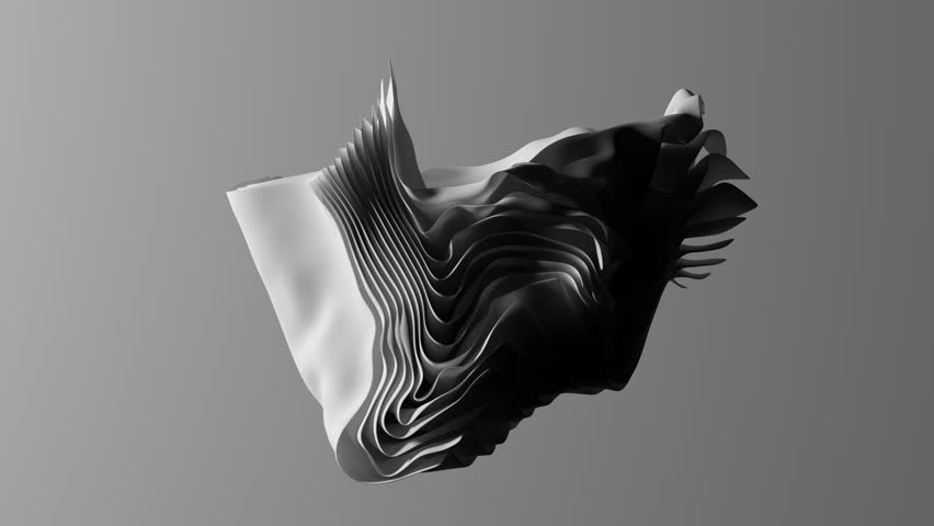 Realistic 3D animation. Minimalist aesthetic background. White fabric waves in the air. Elegant silk cloth flutters in the wind