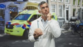 Doctor in white coat with stethoscope holds a brain model and touches chin while standing on a busy street with a yellow ambulance and cyclists behind him; contemplation. - Powered by Shutterstock - Get 15% off with code: PIKWIZARD15