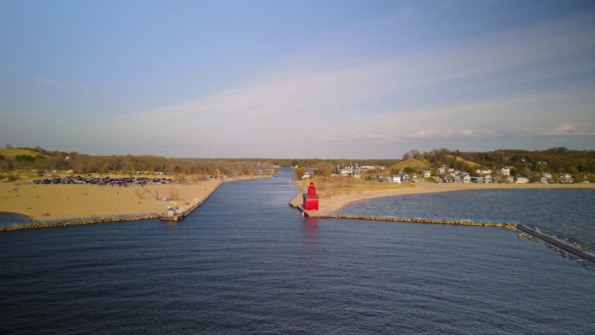 Aerial view of Holland harbor and Big red light house in American Heartland, Holland Michigan.