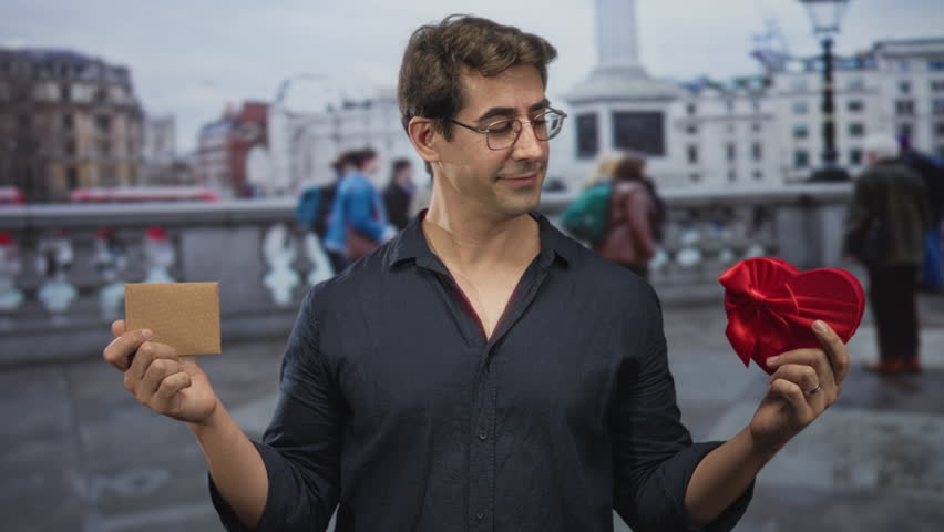 Man holds red heart gift box in right hand and brown card in left hand, smiling on a street; romantic affection.