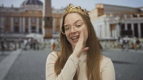 Princess wearing golden crown and glasses holding hand to mouth for whisper in vatican building; mystery. - Powered by Shutterstock - Get 15% off with code: PIKWIZARD15