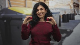 Young brunette woman holds two strawberries with both hands on a city street by recycling bins and trash container, smiling gently; playful joy. - Powered by Shutterstock - Get 15% off with code: PIKWIZARD15