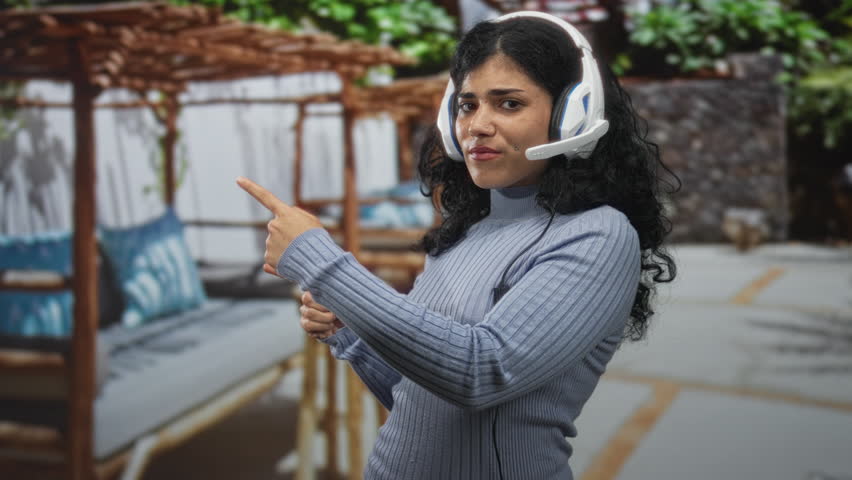 Woman young brunette wearing headset pointing finger on street near outdoor patio seating and pergola; skeptical expression.