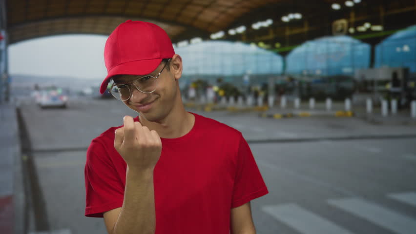 Man in red cap and glasses beckoning finger with welcoming smile at airport terminal; invitation to service.