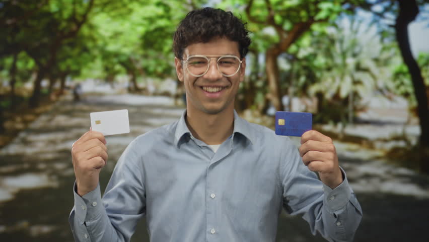 Man holds two creditcards in both hands and points blue card to camera in sunlit leafy street; confidence.