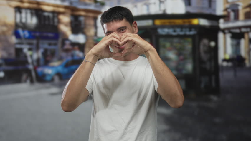 Man in white t shirt forms heart shape with hands on street smiling broadly under bright daylight; love joy.