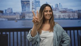Woman holding up peace sign with hand by waterfront building and railing on the seaside; playful peace. - Powered by Shutterstock - Get 15% off with code: PIKWIZARD15