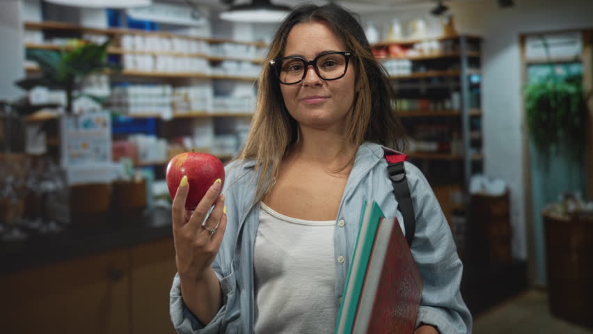 Woman holding apple and notebooks wearing glasses while smiling in a pharmacy building; healthy choice confidence.