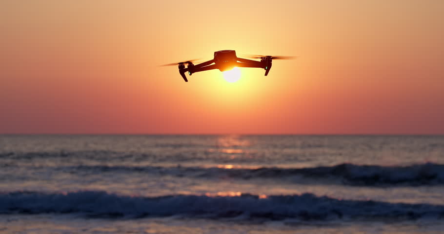 Drone Flying Over Sunrise Beach Ocean Horizon At Dusk, Scenic Sea sunset video