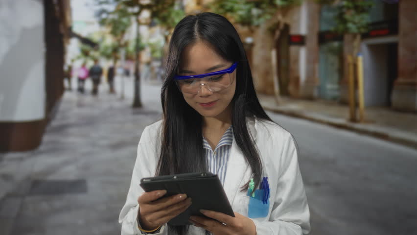 Young chinese woman scientist in uniform with tablet on street, embodying smart technology and innovation outdoors in an urban setting.