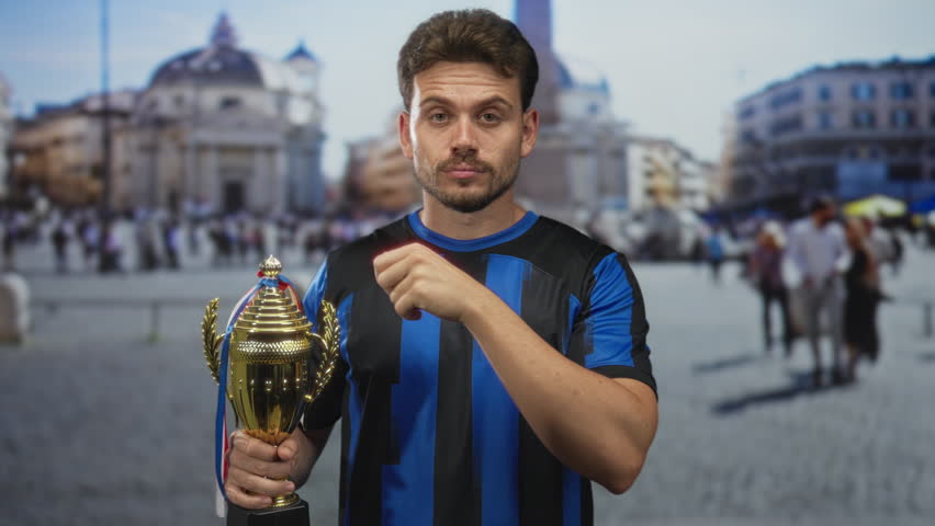 Young man holding trophy and thumb pointing to chest in building at st peters square outdoors, wearing blue striped jersey and looking confident; victory pride.