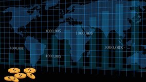 Digital Blue Bar Graph World Map and Stacked Gold Coins with Financial Data finance. Digital blue bars, world map, and gold coin stacks represent global economic trends, market analytics, and wealth. - Powered by Shutterstock - Get 15% off with code: PIKWIZARD15
