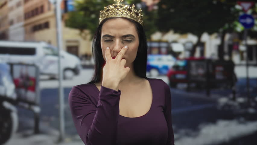 Young hispanic woman wearing crown outdoors on city street making vigilant gesture with determined expression on face.