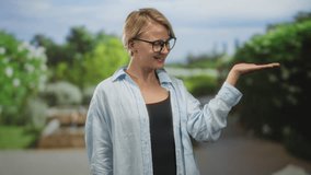 Blond woman with glasses and light shirt holds palm up presenting an empty space while smiling and looking at her hand on a leafy street; cheerful invitation. - Powered by Shutterstock - Get 15% off with code: PIKWIZARD15