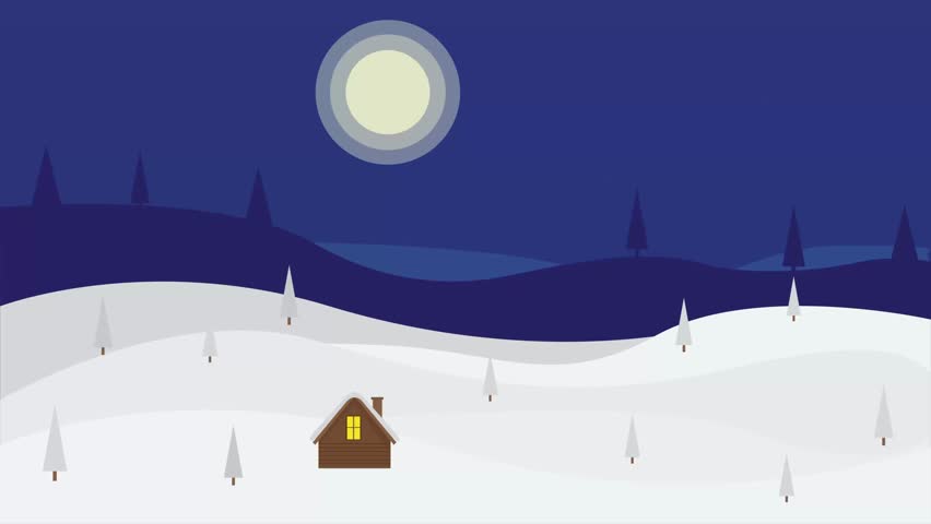 A calming winter night mountain landscape animation featuring gently falling snow, rolling white hills, pine trees, and a warm glowing cabin under a bright full moon.