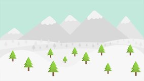 A peaceful winter mountain landscape motion graphic featuring flat-style snowy mountains, pine trees, and heavy falling snowflakes. - Powered by Shutterstock - Get 15% off with code: PIKWIZARD15