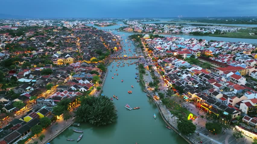 Aerial Drone View of Hoi An Ancient Town at Dusk