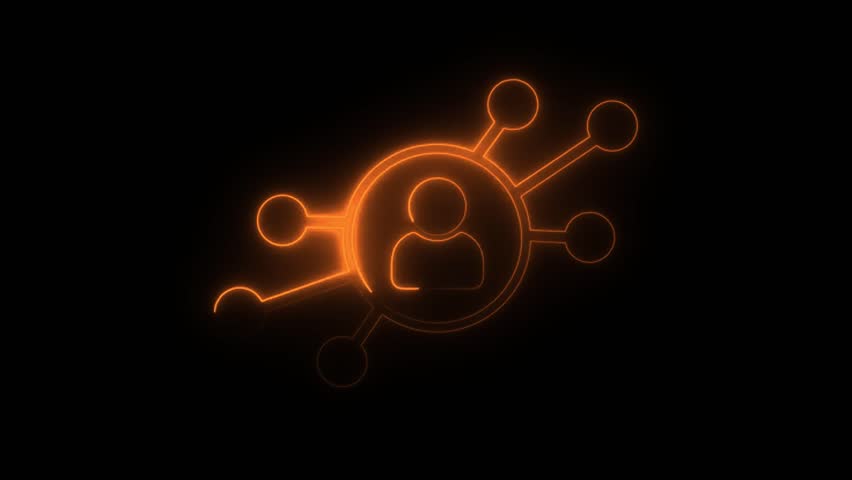 This is a stylish, animated user network icon rendered in a glowing orange neon effect against a solid black background. - Powered by Shutterstock - Get 15% off with code: PIKWIZARD15