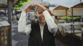 Smiling caucasian woman with short hair forms heart shape with hands on a sunlit restaurant terrace outdoors; love. - Powered by Shutterstock - Get 15% off with code: PIKWIZARD15