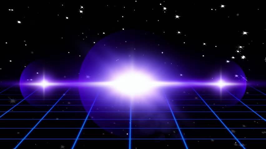 Retro game background lights illuminate a futuristic grid with abstract purple rays extending across a dark starry sky.