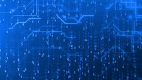 Dynamic abstract circuit board animation with glowing connections and falling digital numbers over a blue background, symbolizing modern internet and technology systems. - Powered by Shutterstock - Get 15% off with code: PIKWIZARD15