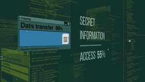 Looping animation of random programming code and a data transfer bar on a green digital backdrop, symbolizing secret information, cybersecurity, and encrypted data flow. - Powered by Shutterstock - Get 15% off with code: PIKWIZARD15
