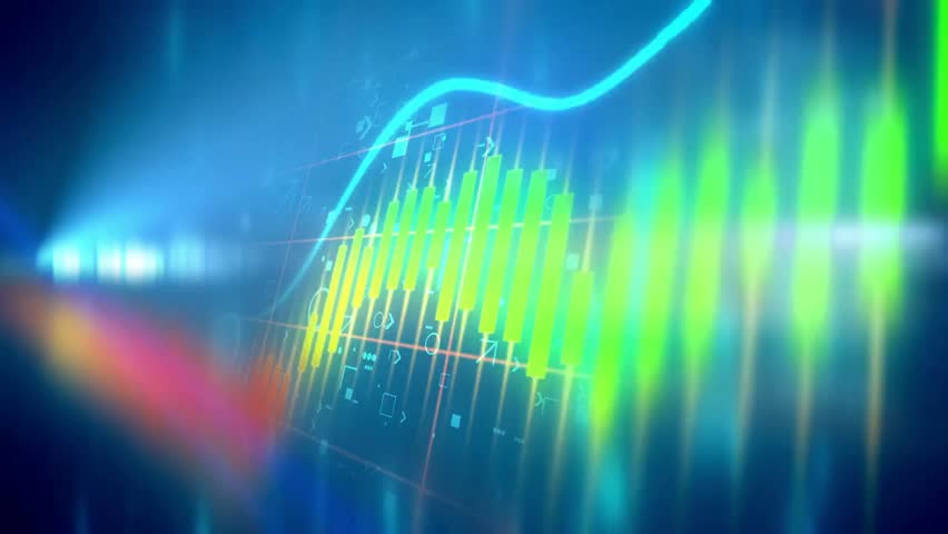 Animated candlestick graph illustrating stock market investment and trading with a green positive trend, visualizing financial growth, trading activity, and market analysis.