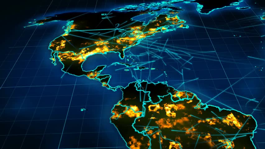 A 3D world map with glowing towns and villages, dark green forests, and blue oceans, featuring animated lines representing global communication and people connectivity across regions. - Powered by Shutterstock - Get 15% off with code: PIKWIZARD15