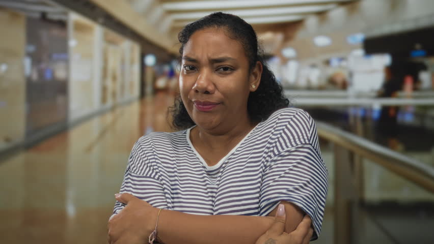 Woman wearing striped shirt presses lips and closes eyes at bright shopping mall glass corridor; contemplation.