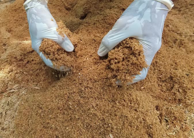 A person wearing gloves is stirring wood sawdust